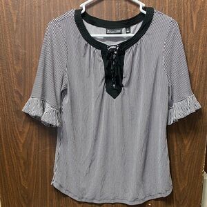 Chic Black and White Striped Blouse with Ruffle Sleeves